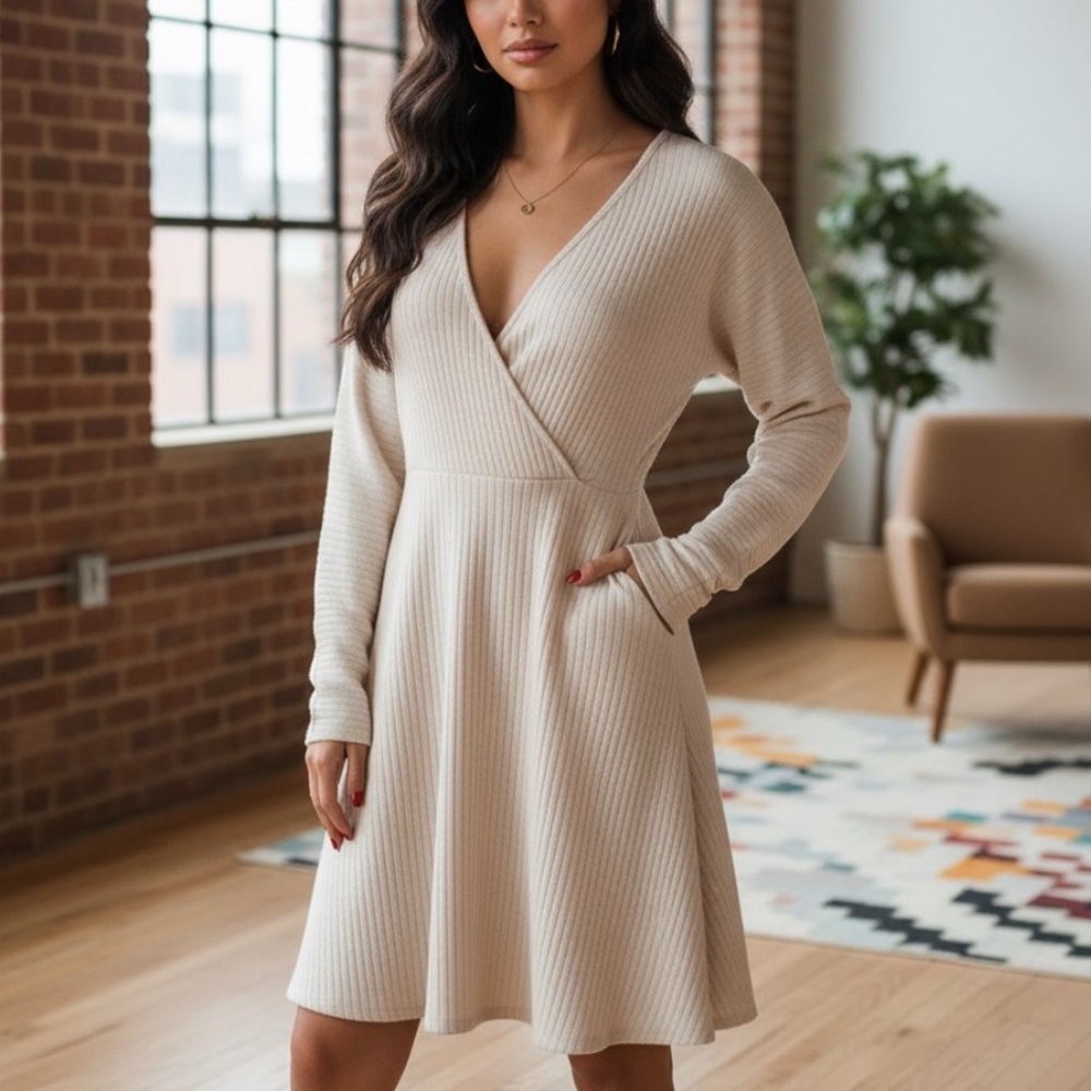 Lush Ribbed Knit Dress in Oatmeal Size M NWT